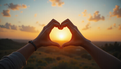 Hands forming heart shape in front of sunset, love and kindness resolution