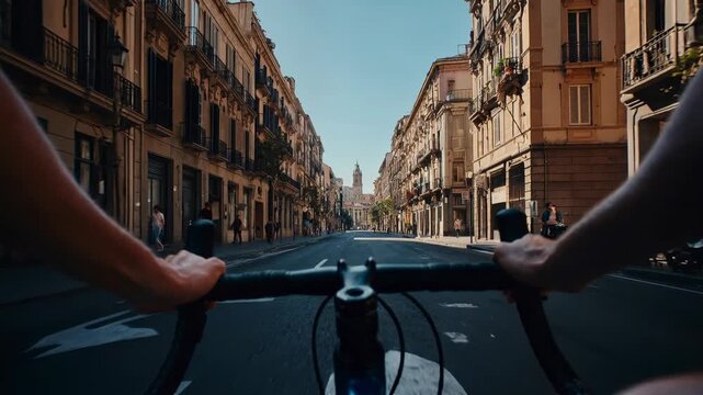 First‑person cycling through historic European streets, handlebars in frame, lively city ambience&mdash;perfect for travel vlogs, sustainable mobility content, urban lifestyle, and energetic POV sequences