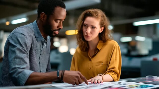A Black man and a young woman examine a test printout under a color calibration light pointing at shades and graphics ink samples and swatches on the table the room buzzing with