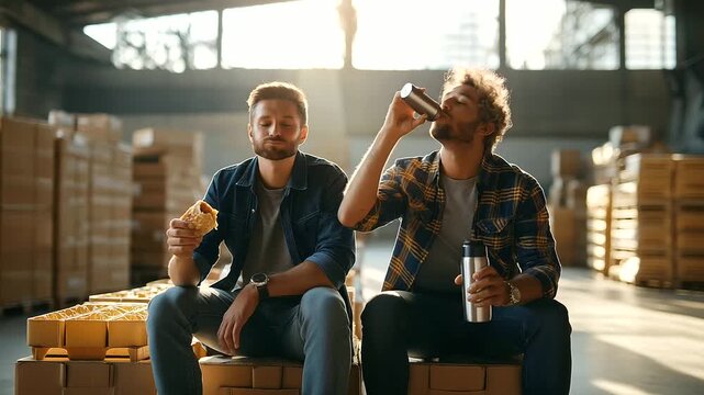 Two diverse warehouse workers sit on stacked crates during lunch break one biting into a sandwich the other sipping from a thermos cardboard boxes and pallets surrounding them