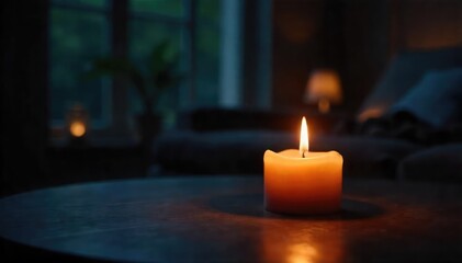 A single, flickering candle illuminates a dark room, casting warm, inviting light and creating a cozy atmosphere Perfect for relaxation, meditation, or spiritual themes , flickering, wax
