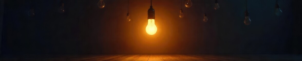 A single lightbulb illuminates a dark room, casting a dramatic spotlight effect Several other unlit bulbs hang overhead, suggesting potential and untapped ideas , breakthrough, discovery