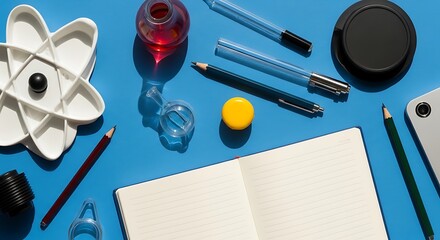 Overhead shot of an open notebook surrounded by various stationery items on a blue surface.
