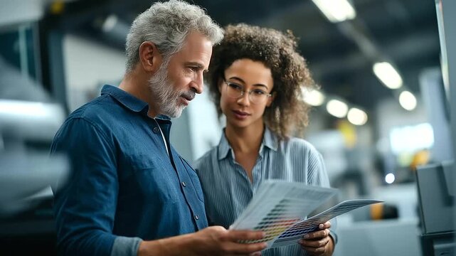 A mature African American man and a young woman perform a color test in a printing house comparing swatches under a calibration light ink samples and test sheets spread out the