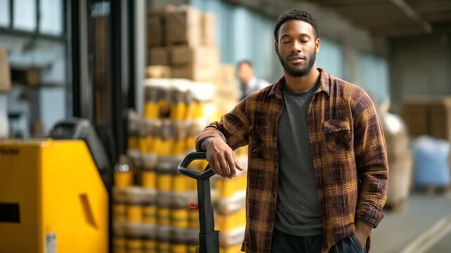 An African American print shop warehouse worker poses with a pallet jack ample space around for text his pose relaxed stacks of materials behind fluorescent lights casting shad