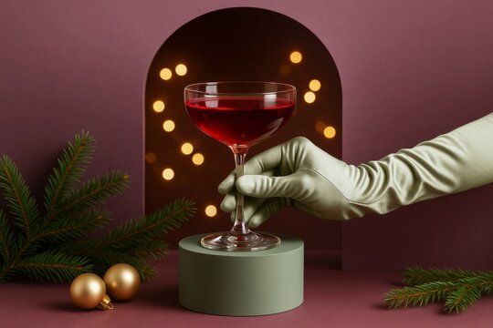 Elegant hand in a satin glove holding a cocktail glass with festive holiday decor