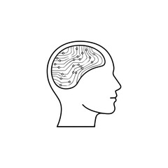 A minimalist illustration of a human head with a circuit board brain