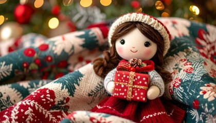 A Cute Doll with Christmas Present in a Festive Setting