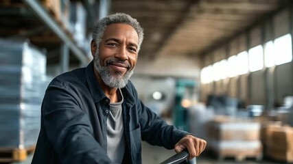 A mature African American man hauls a pallet jack in a wide print shop warehouse his grip firm shelves overflowing with materials sunlight peeking through high windows forklift