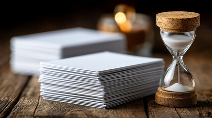 Silent brainstorm: stack of blank index cards under a sand timer, business, brainstorm, creativity, timebox, productivity, discipline, ideas, with copy space
