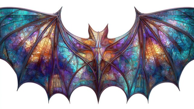 Mystical Winged Artwork: A mesmerizing close-up of a stained glass bat wing, exuding an aura of fantasy and enchantment. The artwork showcases intricate details and captivating color palettes.