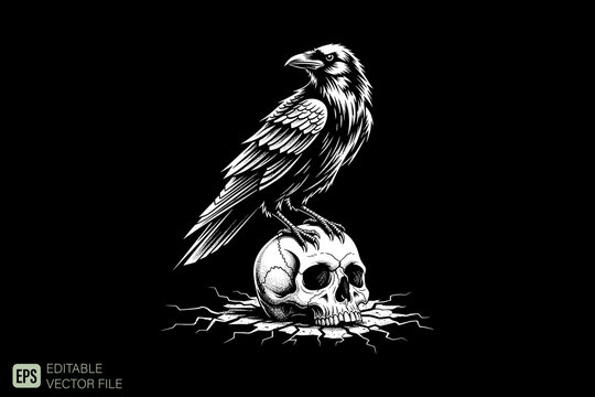 Intricate Raven Perched on a Human Skull in Monochrome.