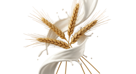 Wheat stalks with swirling white liquid splashes isolated on a transparent background grain