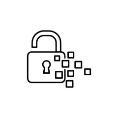 Unlocked padlock with digital pixels disintegrating, data breach and cybersecurity concept