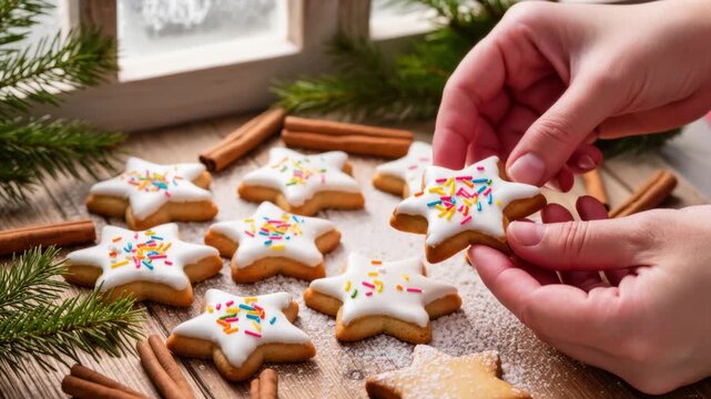 Iced star-shaped Christmas ginger cookies with colorful sprinkles are arranged on a wooden table, some held by hands. Cinnamon sticks and fir branches create a festive mood.