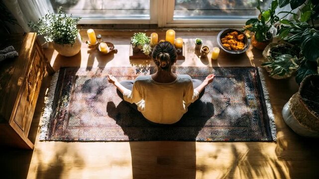 Cozy home yoga session framed by candles and houseplants, soft daylight and mindful breathing create restorative wellness vibes for fitness apps, meditation platforms, and calming lifestyle stories.