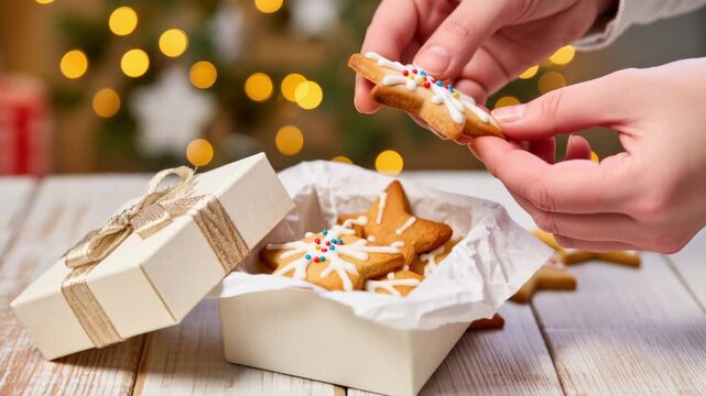 Hand placing decorated star-shaped Christmas cookie into a white gift box with golden ribbon. Festive holiday treat with icing and sprinkles. Cozy seasonal atmosphere.