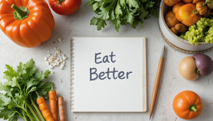 Healthy meal prep on table, colorful vegetables, journal with 'Eat Better' written on it, clean background