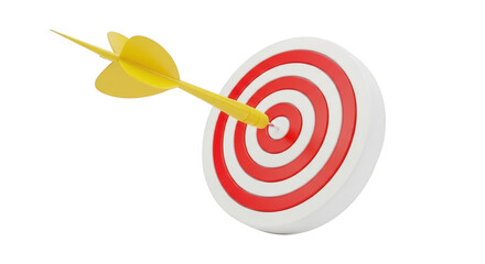 Yellow dart hitting bullseye on red and white target isolated on a transparent background goal