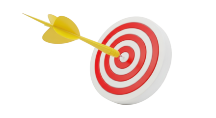 Yellow dart hitting bullseye on red and white target isolated on a transparent background goal