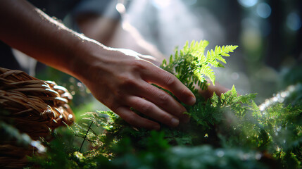 Forest bath: hands brushing ferns as sunbeams cut through mist, leisure, forest, nature, mindfulness, green, calm, wellness, escape, with copy space
