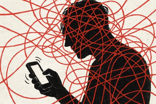 Man using smartphone with red lines illustrating mental overload and stress