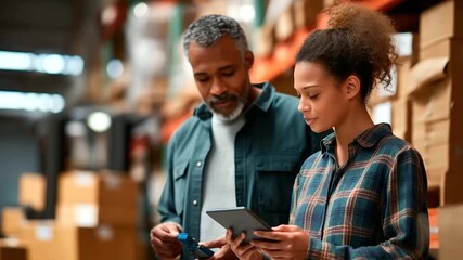 A mature African American man and a young woman conduct inventory in a print shop storehouse scanning barcodes with handheld devices shelves towering with packed goods forklift