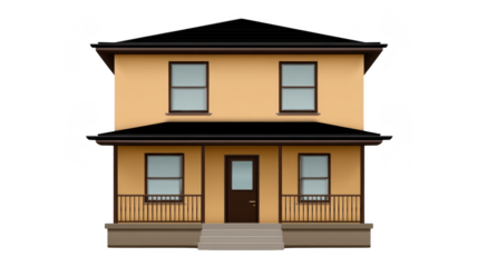 Two story yellow house with black roof, front porch, and steps, featuring four windows and central door, suburban residential home, calm and inviting atmosphere