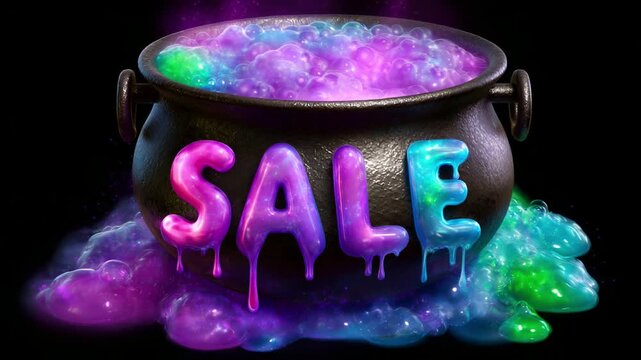 A vibrant, glowing cauldron filled with bubbling liquid, showcasing colorful 'SALE' lettering that drips down the sides, creating an eye-catching scene perfect for promotions.