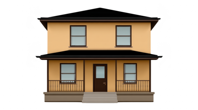 Two story yellow house with black roof, front porch, and steps, featuring four windows and central door, suburban residential home, calm and inviting atmosphere
