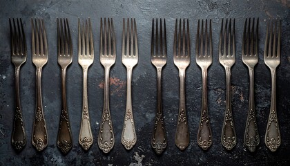 An overhead shot displays a lineup of antique forks with intricate details on their handles, arranged against a dark surface