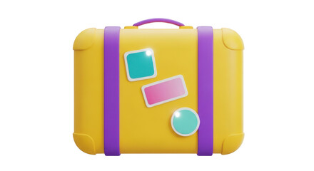 Yellow suitcase with purple straps and travel stickers isolated on a transparent background