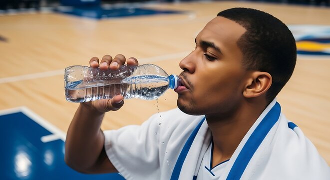 Focused african american basketball player hydrating during game break on court