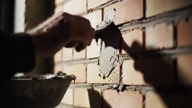 Close up of bricklayer applying cement on a brick wall using a trowel