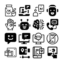 16 AI, Service & Delivery Glyph Icons: Chatbot, Tech Support, Brain & E-commerce Vector