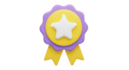3D Award Ribbon with White Star and Yellow Ribbons isolated on a transparent background medal