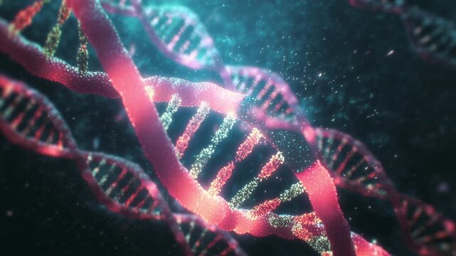 Red and blue dna strand rotating against a dark background with floating particles, representing genetic code, biotechnology, and scientific research into the human genome and molecular biology