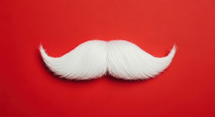 Santa's white hipster moustache on red background — minimalist Christmas concept with copy space