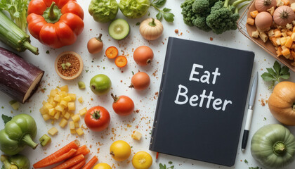 Healthy meal prep on table, colorful vegetables, journal with 'Eat Better' written on it, clean background