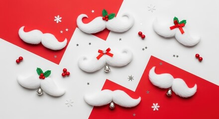 Santa's hipster moustaches on red and white Christmas background — perfect for New Year greeting layouts