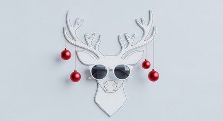 Minimalist Santa’s reindeer decoration — featuring antlers, white sunglasses, and red baubles for winter holidays