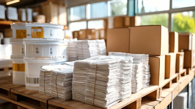 Empty print shop storehouse with piles of packed paper on wooden plates other materials like ink drums and boxes stacked high daylight from windows illuminating the organized she