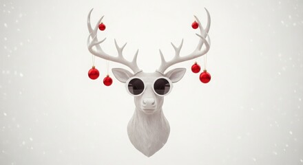 Minimalist Santa’s reindeer decoration — featuring antlers, white sunglasses, and red baubles for winter holidays