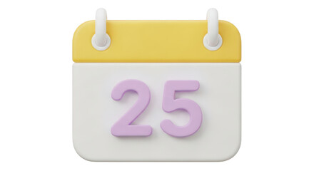 3D Yellow and White Calendar with Purple Number 25 isolated on a transparent background date