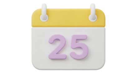 3D Yellow and White Calendar with Purple Number 25 isolated on a transparent background date