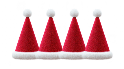 Four red Santa hats with white fur trim and pom poms lined up in row, festive and cheerful, perfect for holiday decoration or Christmas celebration themes