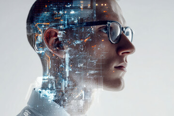 A futuristic digital interface overlaid on a person's profile, symbolizing the integration of human intelligence with advanced technology and data processing.
