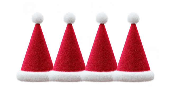 Four red Santa hats with white fur trim and pom poms lined up in row, festive and cheerful, perfect for holiday decoration or Christmas celebration themes - Powered by Adobe