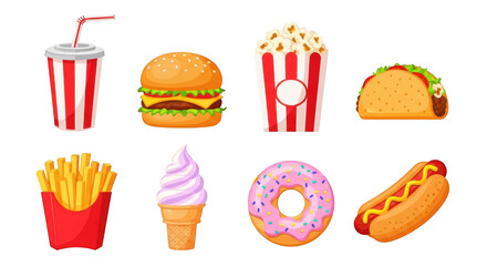 Assortment of cartoon fast food items isolated on a transparent background burger fries
