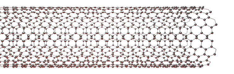 Carbon nanotube molecular structure, detailed 3D model of cylindrical graphene lattice. Futuristic nanomaterial, hexagonal carbon network. Science, nanotechnology, advanced materials, electronics